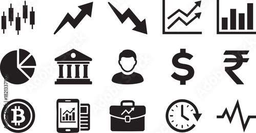 Black finance and business icons set including stock market charts, rising and falling arrows, bar and pie charts, bank building, user profile, dollar and rupee symbols, bitcoin, mobile trading, brief