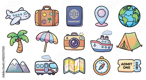 Cute colorful travel icons set including airplane, suitcase, passport, map marker, globe, palm tree, umbrella, camera, cruise ship, tent, mountains, RV, compass, and ticket
