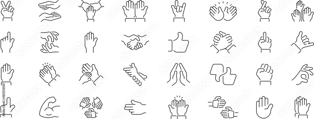 Naklejka premium Hand gestures vector icons in line style. Hand gestures vector icons collection. Thin line icons related to hand gestures and sign language