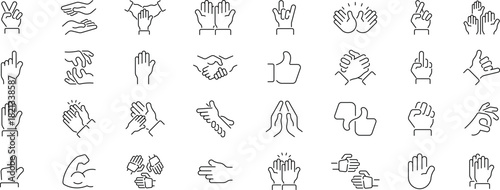 Hand gestures vector icons in line style. Hand gestures vector icons collection. Thin line icons related to hand gestures and sign language