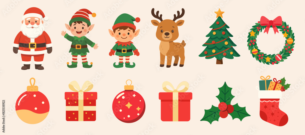 Fototapeta premium Christmas characters and objects illustrations set. Vector cartoon clipart for Christmas decorations.