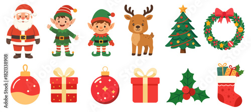 Christmas characters and objects illustrations set. Vector cartoon clipart for Christmas decorations.