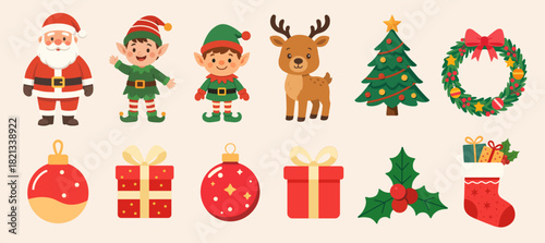 Christmas characters and objects illustrations set. Vector cartoon clipart for Christmas decorations.