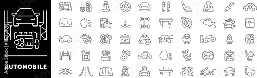 Automobile vector icons in line style. Automotive icons collection. Car related icons set.