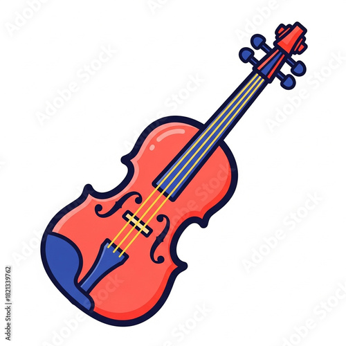 Vibrant Cartoon Violin Illustration, Red and Blue Musical Instrument, Isolated on White.