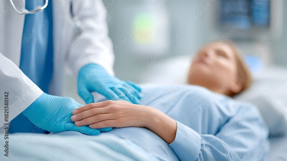Fototapeta premium Close up view of a doctor wearing protective blue gloves and a white coat performing a physical examination on a female patient reclined on a medical bed