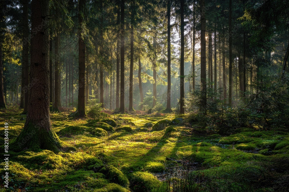 Fototapeta premium Sunlit forest scene with towering trees casting long shadows on mossy ground