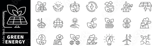 Green energy vector icons in line style. Green energy outline icons. Energy related icons set