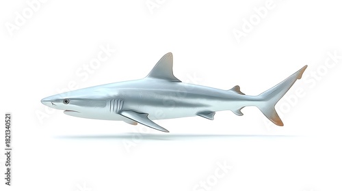 Detailed 3D render of a majestic silver blue shark in a side profile highlighting its sleek physique dorsal fin and powerful tail presented on a clean white studio background