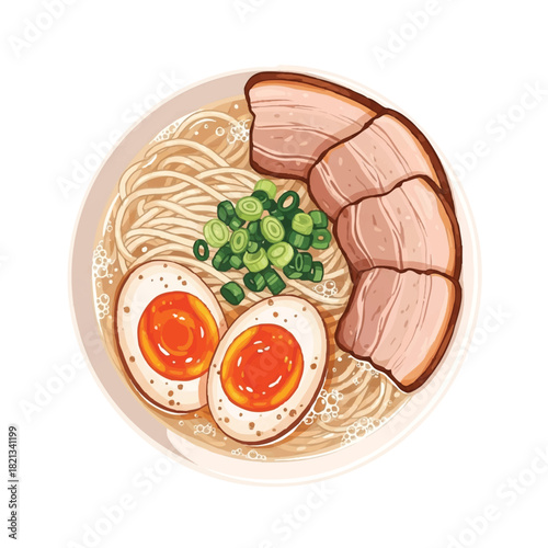 Delicious bowl of ramen noodles with sliced pork, boiled egg, and green onions on a plain white background.