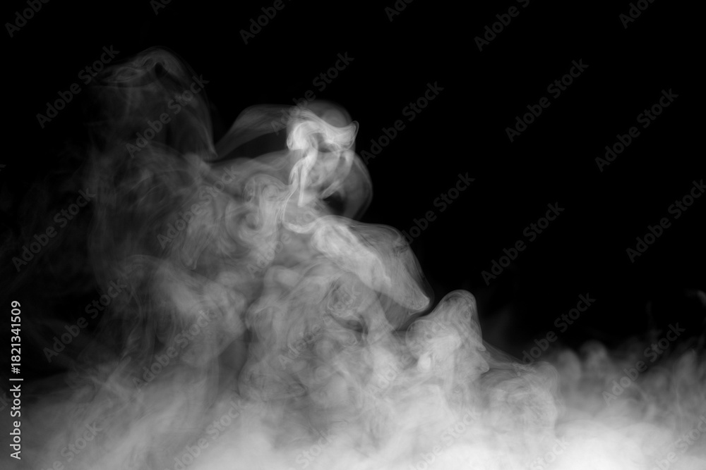 Naklejka premium white smoke steam spray, and abstract vapor water isolated on a black background. concept of texture cold mist or hot vapor, fog effect, and cloud for design air pollution, element smog
