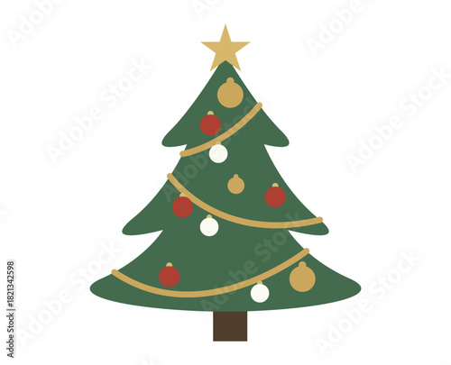 Árbol de navidad en estilo plano con adornos y estrella dorada