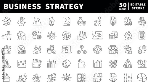 Business strategy vector icons in line style. Business strategy related icons collection. Business strategy icons set