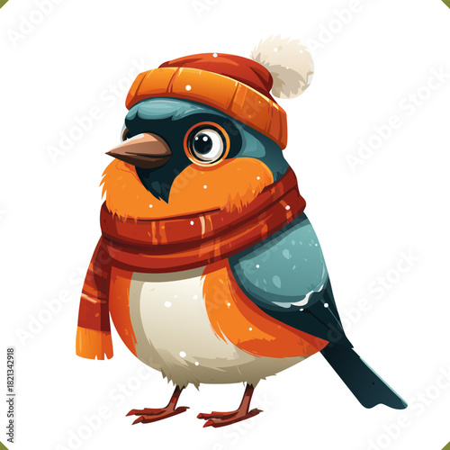 Vector illustration of bullfinch wearing warm hat and scarf, isolated on a white background