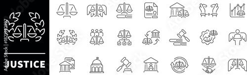 Justice vector icons in line style. Justice symbols set. Outline justice icons