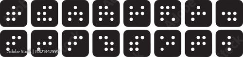 Collection of black dice displaying braille numbers in two rows