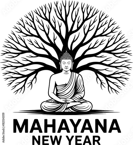 Buddha meditating under a stylized tree with Mahayana New Year text