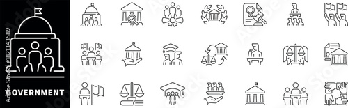 Government vector icons in line style. Government related icons set.
