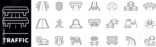 Traffic vector icons in line style. Traffic icons set. Transport and traffic related icons