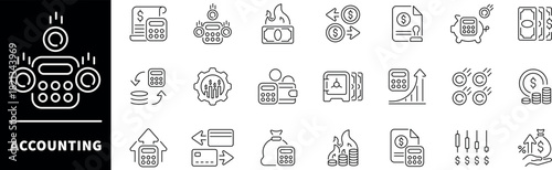 Accounting vector icons in line style. Accounting related icons set. Finances accounting outline icons