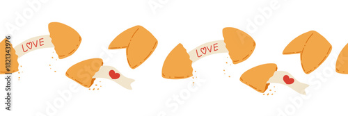 Fortune love cookies seamless border frame. Valentine’s day decor. Cute flat vector illustration for banners, packaging design, print, adhesive tape, washi tape, stripe for scrapbook design