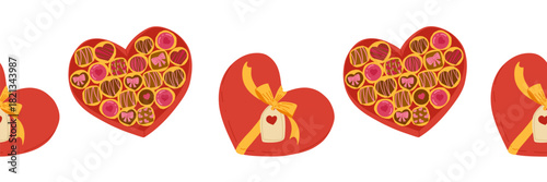 Red chocolate boxes seamless border frame. Valentine’s day decor. Cute flat vector illustration for banners, packaging design, print, adhesive tape, washi tape, stripe for scrapbook design