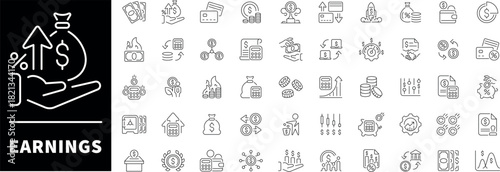 Earnings vector icons in line style. Earnings icons set. Earnings, revenue and profit outline icons set
