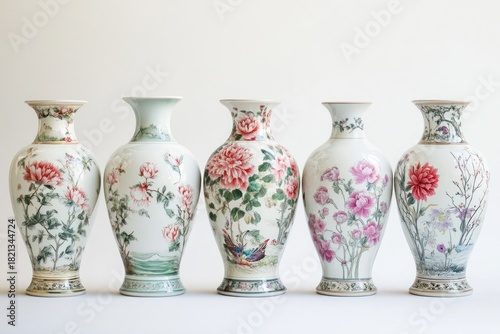 A collection of porcelain vases, each adorned with intricate floral designs and varying colors, arranged in a symmetrical formation against a pristine white background.