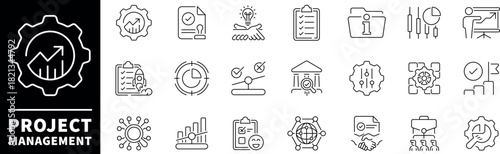 Project management vector icons in line style. Project management related icons. Outline management icons set