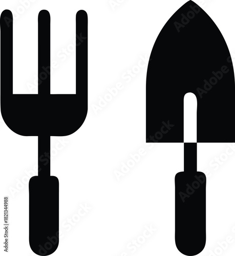 Vector icon of a hand trowel and a garden fork.