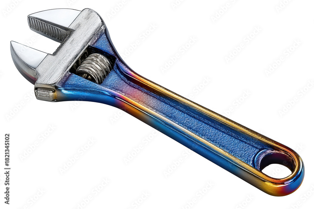 Obraz premium A Vibrantly Colored Adjustable Wrench Displaying an Eye-Catching Metallic Finish isolated on transparent background 