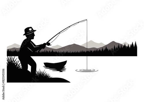 Capturing the peaceful essence of a lakeside escape, this silhouette illustration portrays a dedicated angler enjoying the quiet art of fishing amidst a serene natural landscape