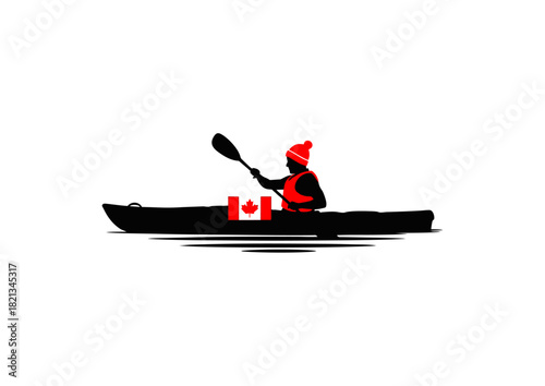 A minimalist silhouette icon of a kayaker paddling, featuring a Canadian flag on the boat and a red winter toque, representing Canadian water sports