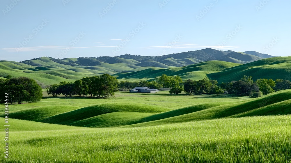Fototapeta premium Scenic panoramic view of lush verdant rolling hills and meadows bathed in sunlight with scattered oak trees and a small rural building in the distance under a vast clear blue sky