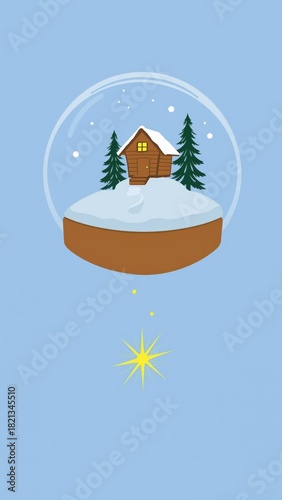 Snow globe with winter scene featuring cabin and pine trees  