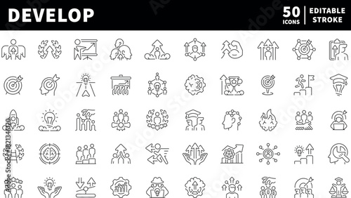 Develop vector icons in line style. Development icons set. Outline progress icons