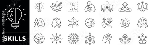 Skills vector icons in line style. Skill upgrade related icons set. Set of line icons related to upskill, upskilling, personal growth, development, education, career.