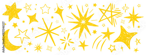 Star doodles set. Cute hand drawn stars, moon, bursts and cosmic shapes. Simple sketch style elements for kids designs, holiday decor, stickers and seamless patterns. Vector illustration.