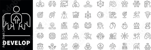 Develop vector icons in line style. Development, progress, develop, upgrade icons collection.