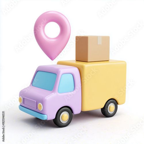 Cute 3d delivery truck with package and location pin