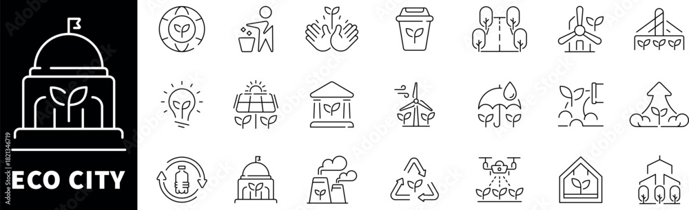 Obraz premium ECO city vector icons in line style. Green city icons set. ECO city related icons