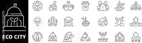 ECO city vector icons in line style. Green city icons set. ECO city related icons