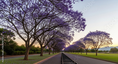 Vibrant Jacaranda Avenue with a Central Track Vanishing into a Soft Dawn Sky