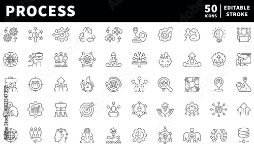 Process vector icons in line style. Process related icons collection.