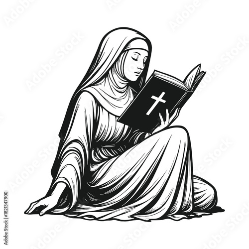 Black and white religious nun illustration in vintage engraving vector style, ideal for spiritual designs, faith-themed prints, tattoo concepts, and classic artwork.