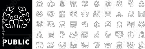  Public, society, community related icons. Public vector icons in line style. Public outline icons.