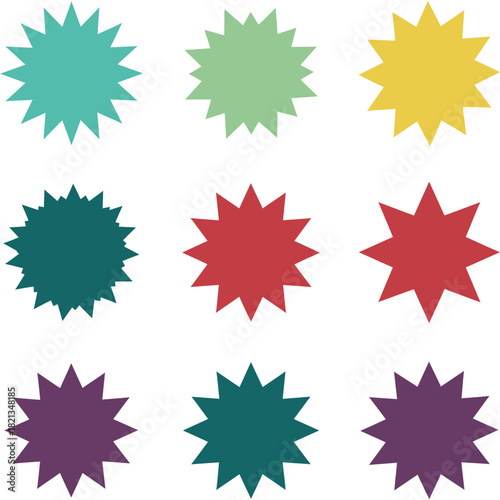 Colorful Starburst Shapes on White Background geometric design element graphic badge label sticker explosion