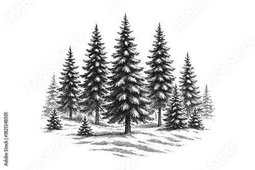Scenic pine tree forest vector illustration in detailed black-and-white engraving style, ideal for nature themes, outdoor concepts, landscape designs, and vintage-inspired graphic projects.