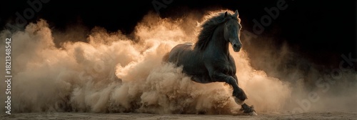 Black stallion galloping through thick clouds of golden dust with mane flying and powerful motion, expressing freedom, energy, and dramatic force against a dark contrasting backdrop in dynamic scene