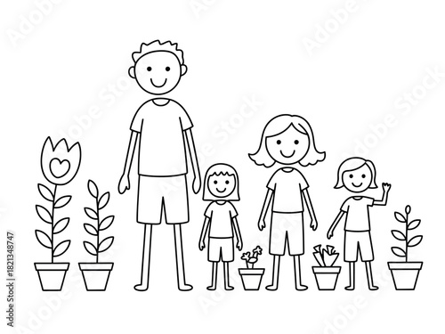 A happy family of four stands together among potted plants and flowers in a simple, outlined illustration.